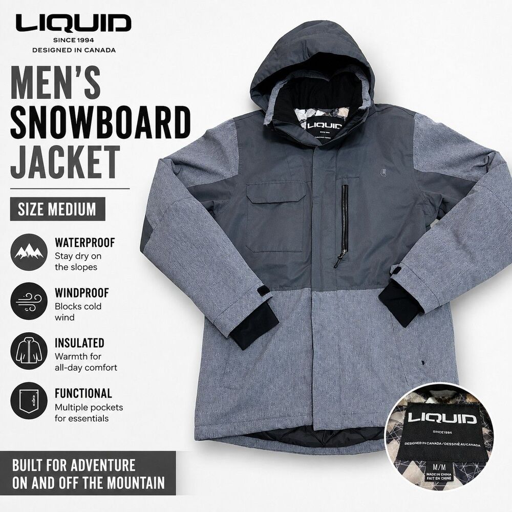 Liquid Boardwear Men's Medium Snowboard Ski Jacket Gray Black Hooded